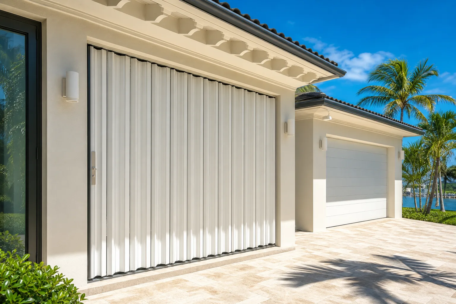 White accordion hurricane shutters fully deployed on a luxury Florida home exterior with palm trees and blue sky