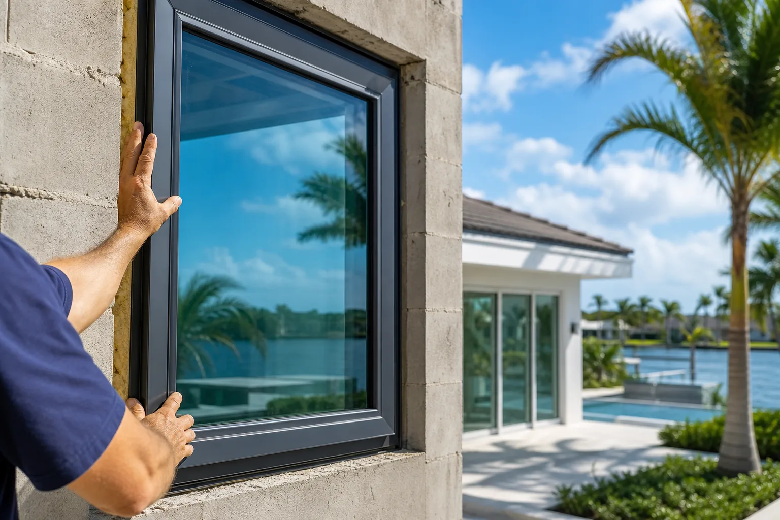 Contractor installs dark-framed hurricane impact window into concrete block wall of a South Florida waterfront home with palm trees.