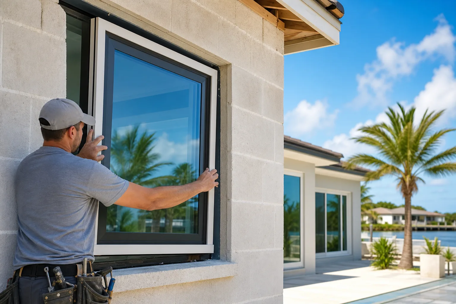Contractor in gray shirt and cap installs dark-framed impact window into concrete block home exterior in South Florida.