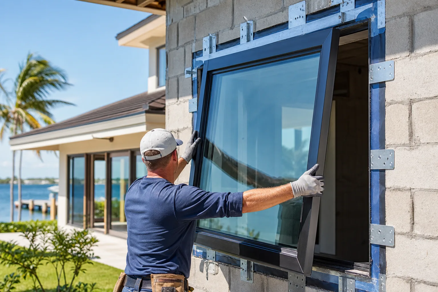 Contractor in gloves and cap installing a large dark-framed impact window into a concrete block wall on a Florida waterfront home.