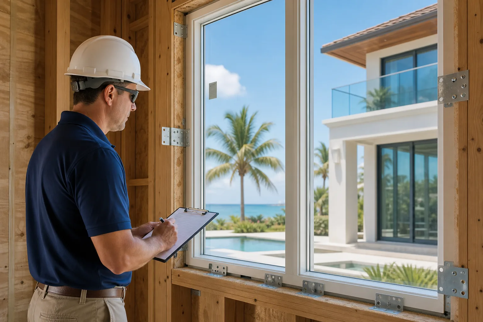 Building inspector in hard hat and blue polo holds clipboard while examining impact window frame in Florida construction site.