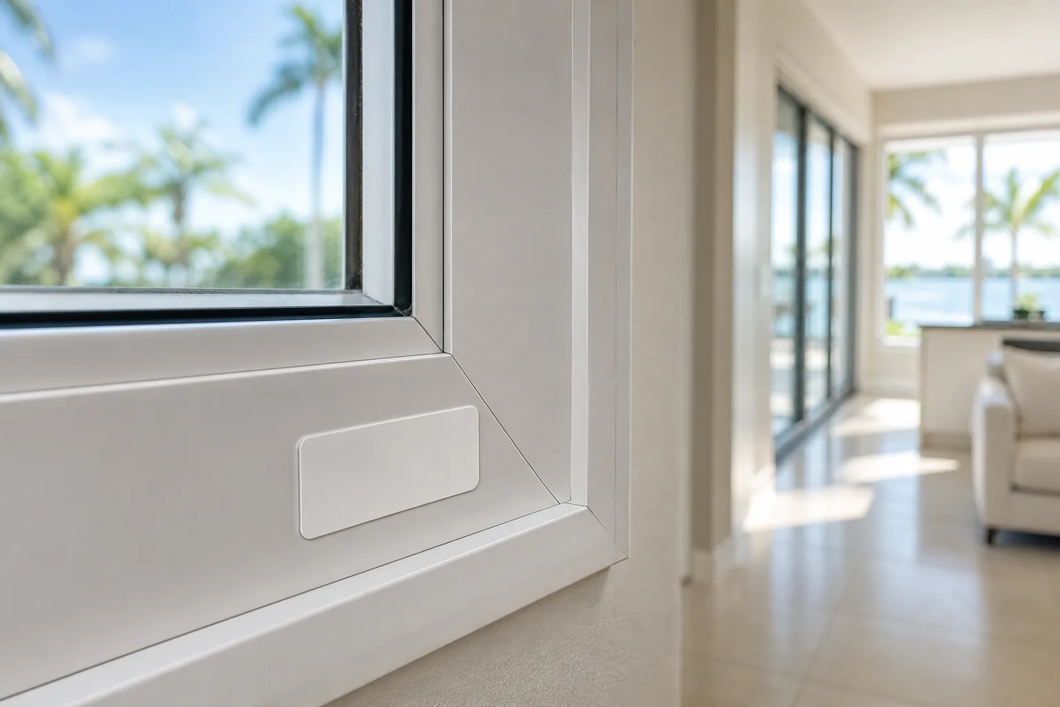 Close-up of white vinyl window frame corner with small rectangular label, bright room and palm trees visible in background.