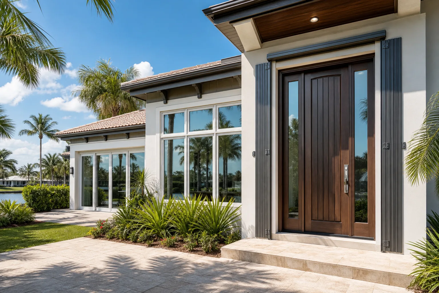 South Florida luxury home exterior with large impact-resistant windows, wood reinforced entry door, and tropical landscaping