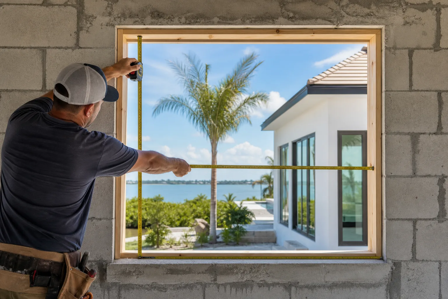 Contractor measuring a wood-framed window rough opening in a concrete block wall with a tape measure, waterfront view outside.