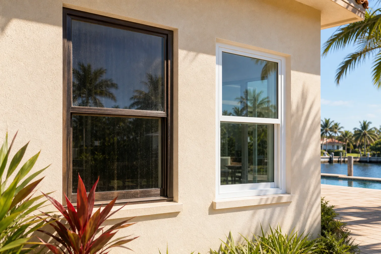 Exterior stucco wall with two double-hung windows: dark bronze aluminum frame (left) and white frame (right), palm trees reflected in glass.