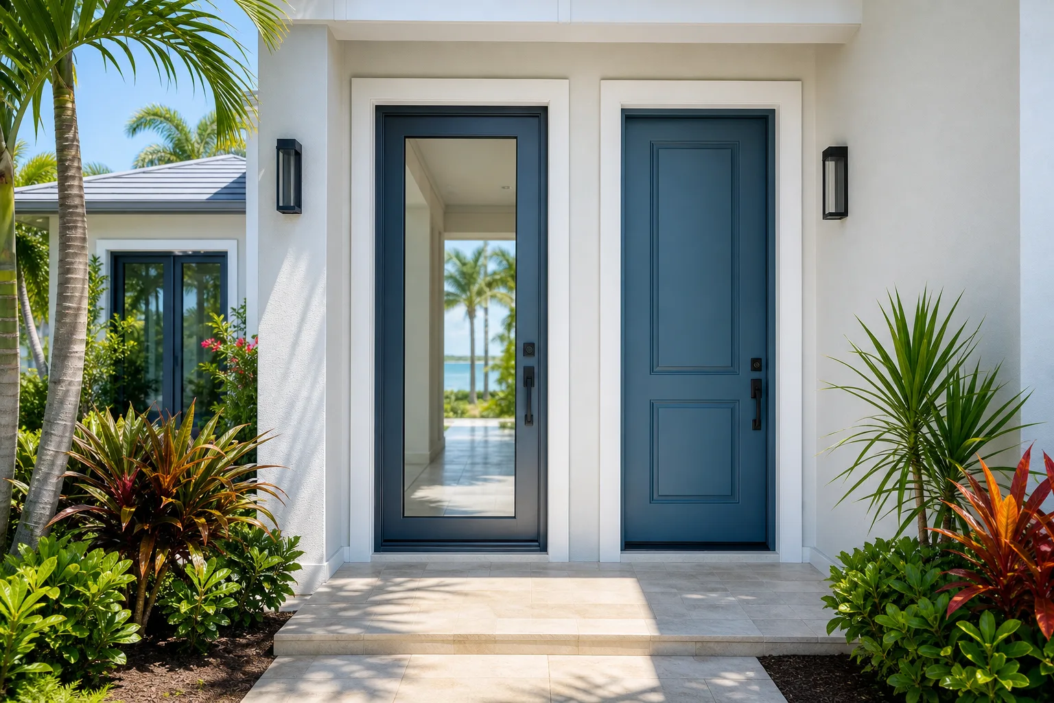Modern South Florida home entry with two blue front doors: one full-view glass impact door and one solid panel door, flanked by tropical plants.
