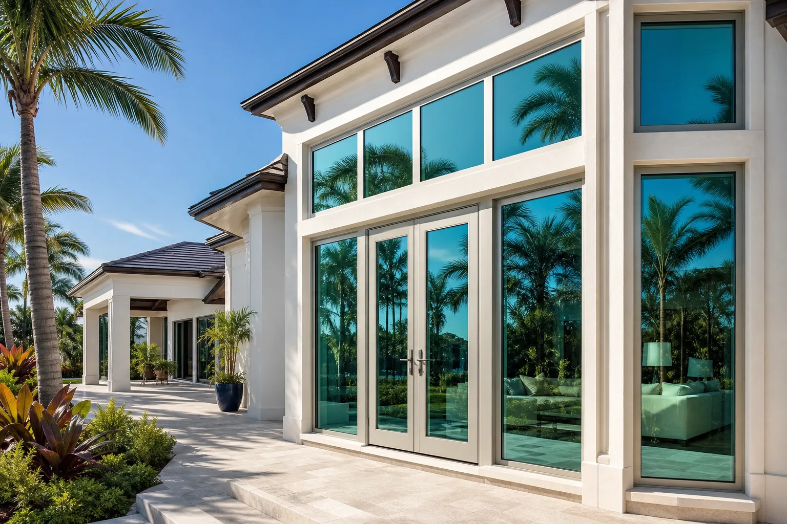 Luxury Florida home exterior with large blue-green tinted glass windows and French doors, white stucco, palm trees reflected in glass.