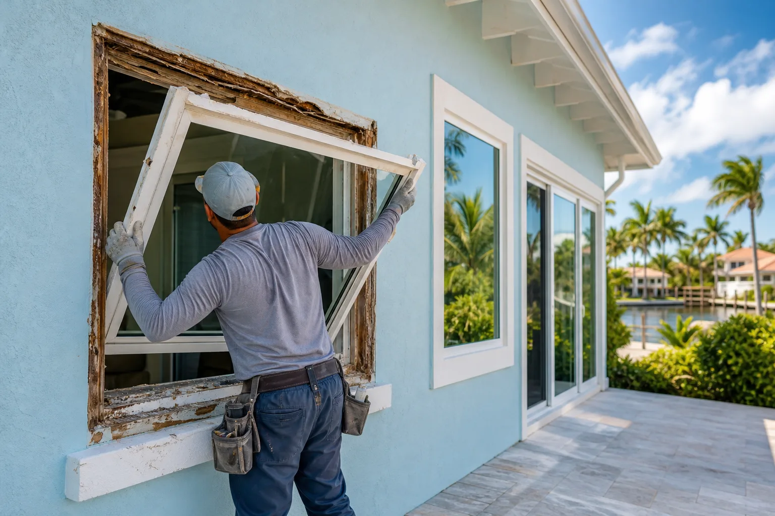 Worker in gloves and tool belt removes old rotted white window frame from light blue stucco Florida home exterior.
