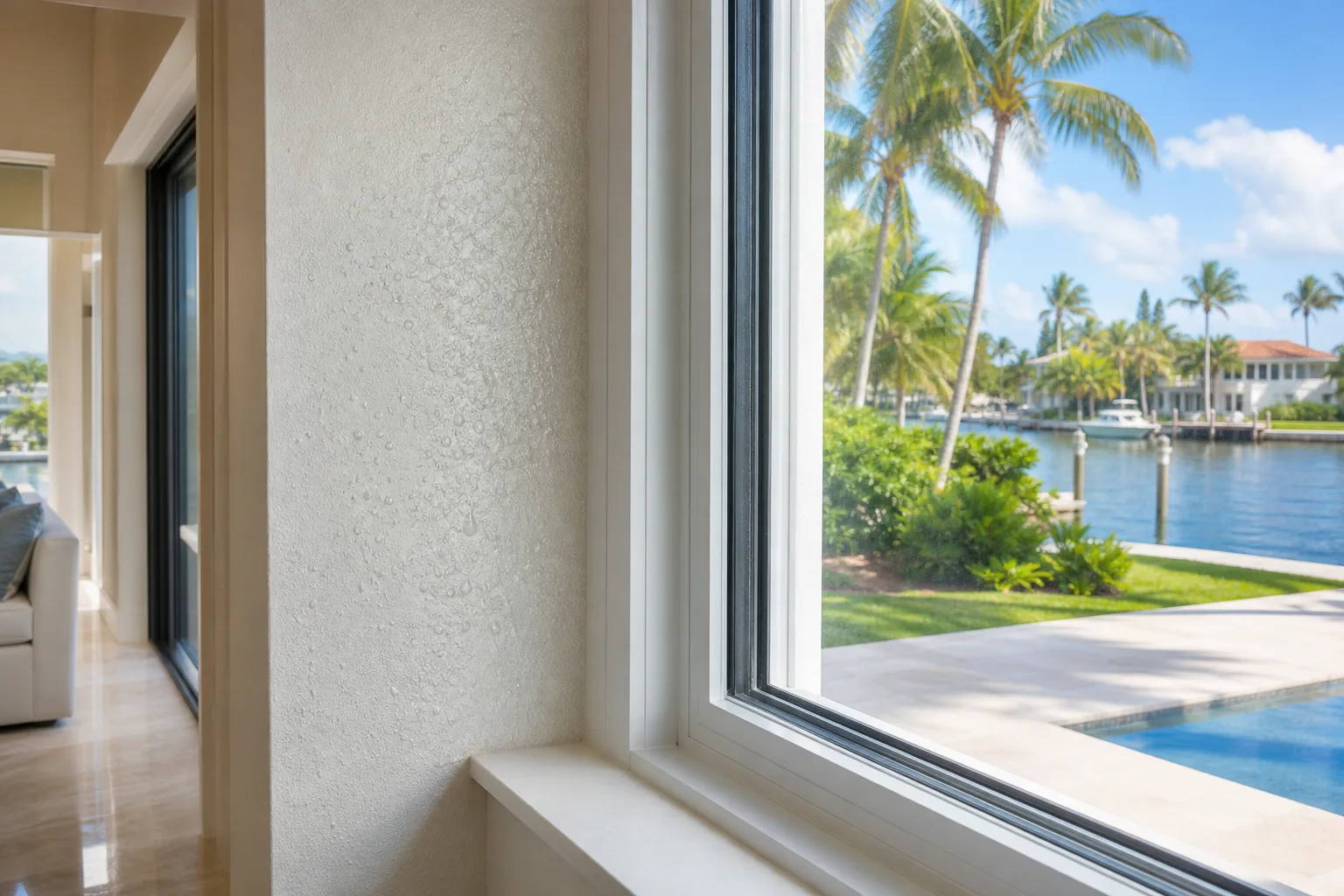 Interior view of a modern impact window with condensation droplets on wall, overlooking a South Florida waterfront with palm trees.