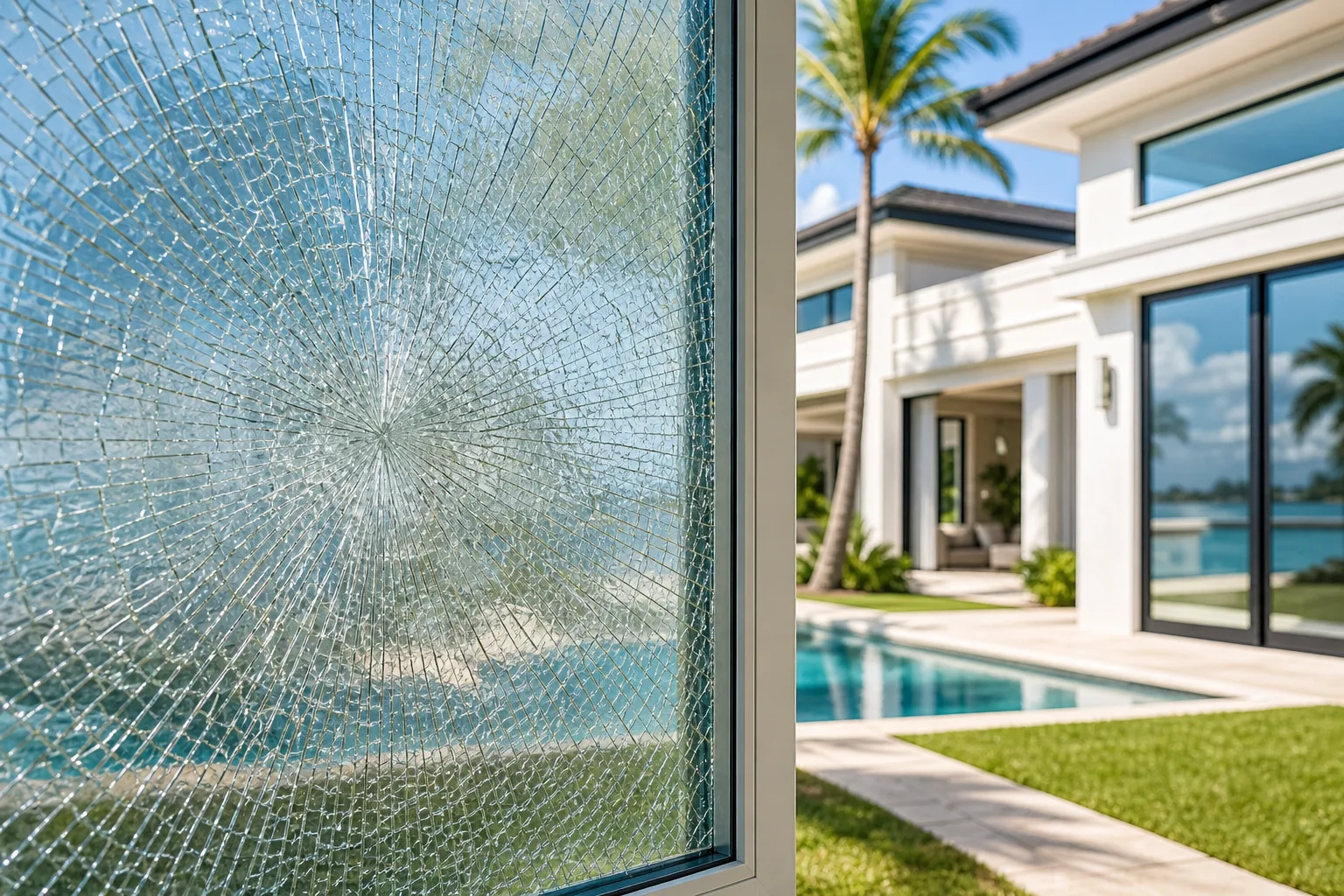 Close-up of shattered impact glass with spiderweb fracture pattern; luxury home with pool and palm tree in background.