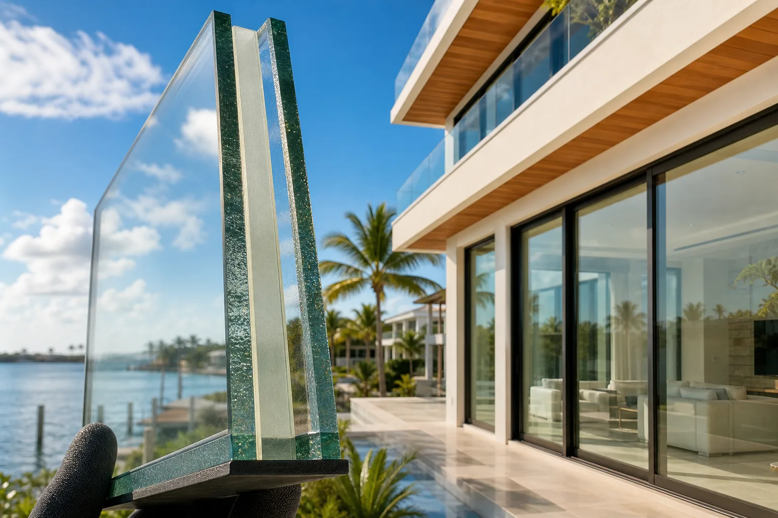 Gloved hand holds laminated impact glass pane edge-on near a modern coastal home with large sliding doors and palm trees.