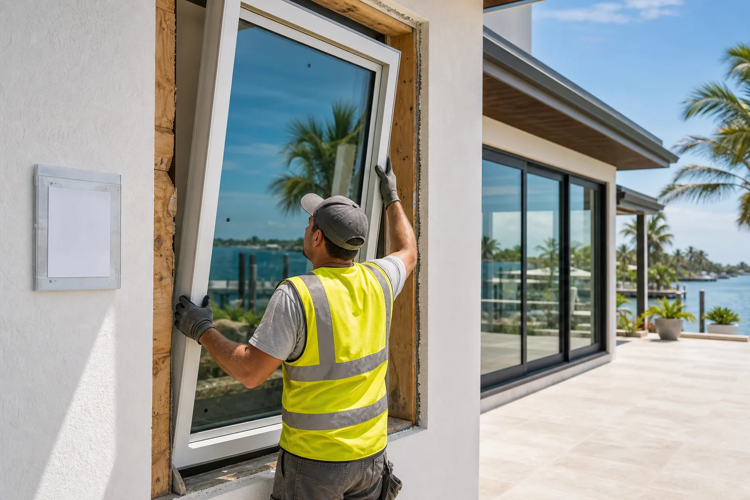 Worker in yellow safety vest and gloves installs white impact window into rough opening of Florida waterfront home.