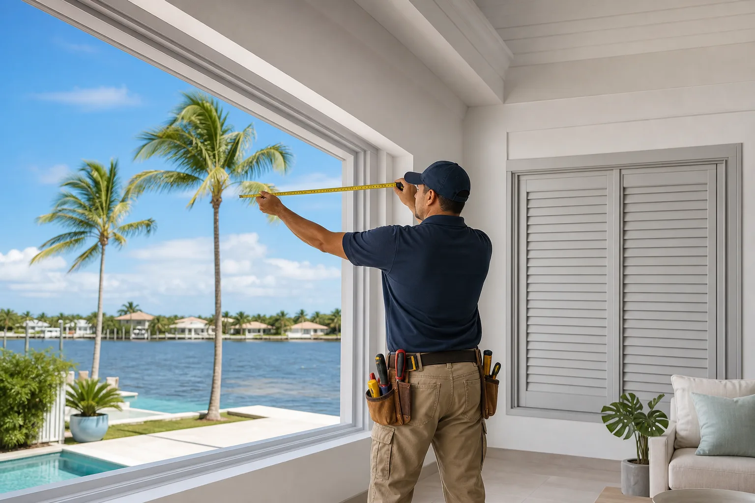 Contractor in navy uniform measures large picture window in bright Florida home with shutters, pool and waterway visible outside.