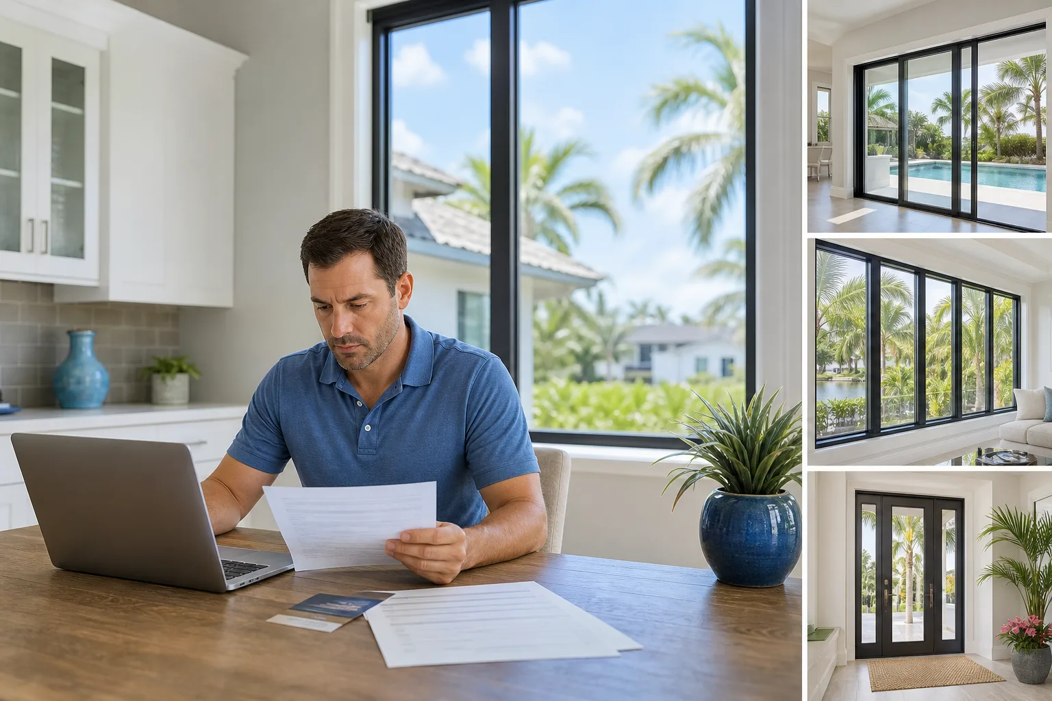 Man in blue polo reviews documents at kitchen table with laptop; collage shows modern black-framed windows and doors with palm tree views.