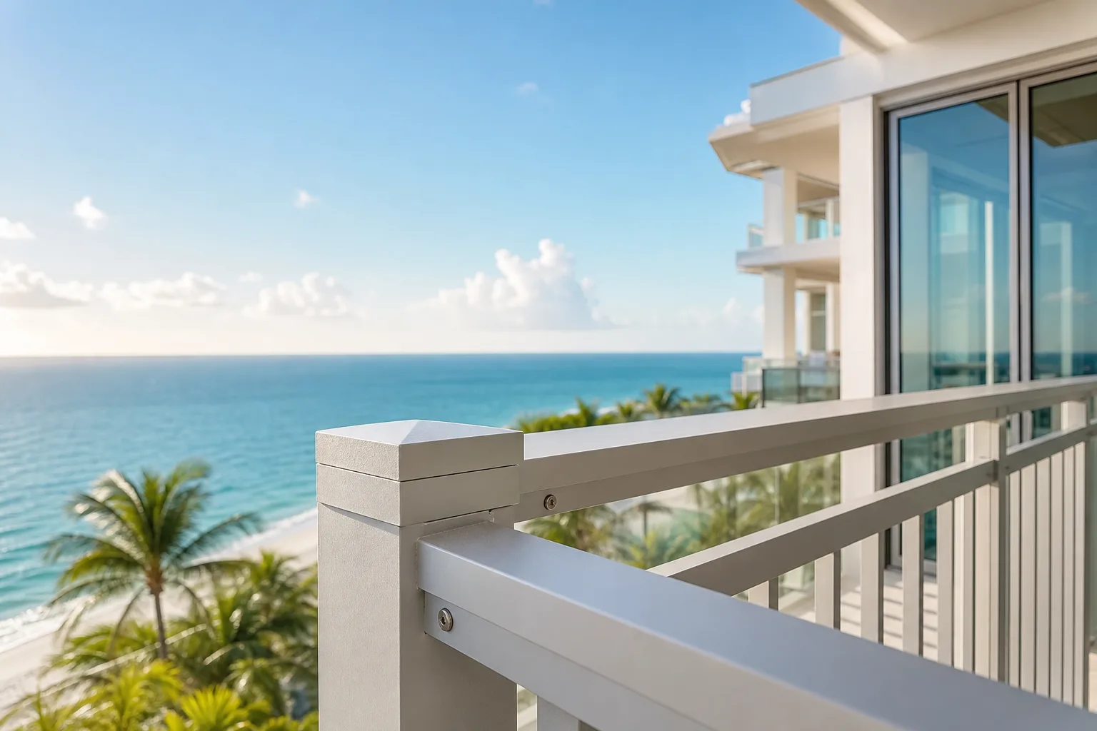 Close-up of a silver powder-coated aluminum balcony railing on a coastal Florida condo, turquoise ocean and palms in background.