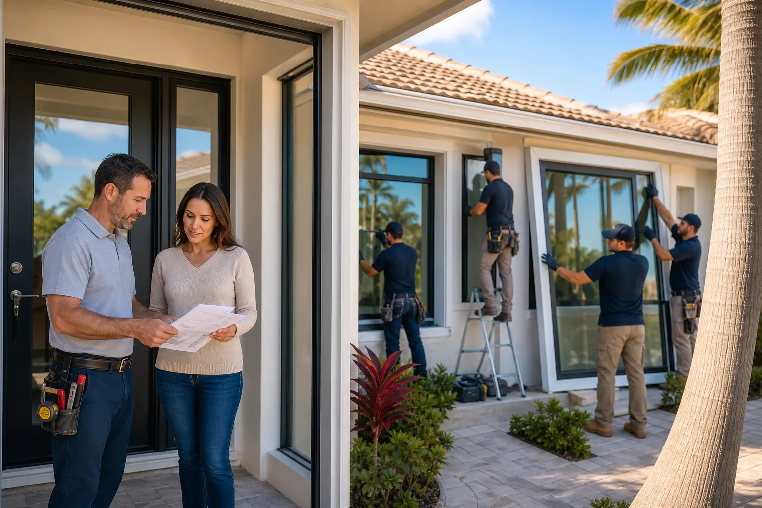 Contractor reviews paperwork with homeowner at front door while three workers install large dark-framed impact windows on Florida home.