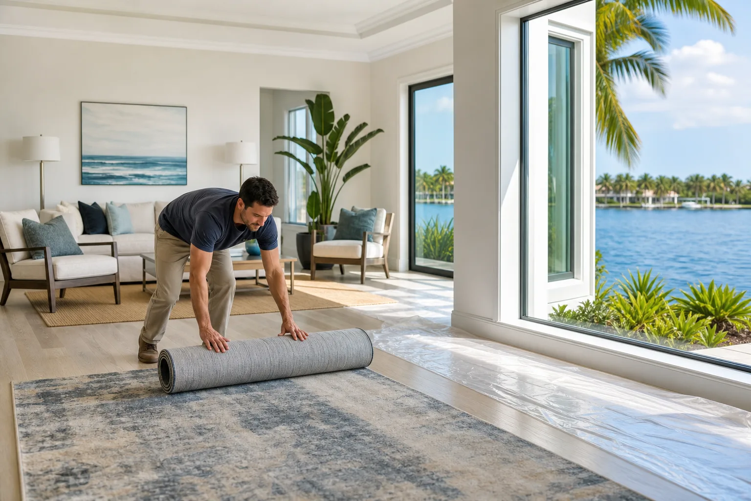 Man rolling up a gray area rug in a bright coastal living room with plastic sheeting near large windows and water view.