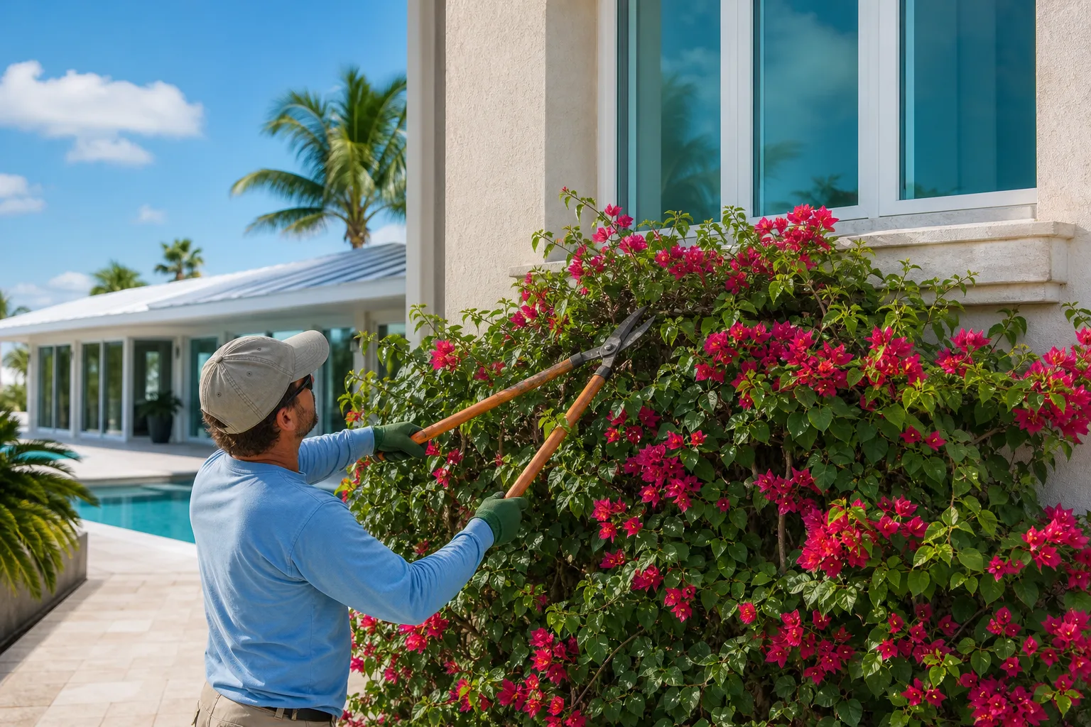 Man in blue shirt and cap uses long-handled loppers to trim pink bougainvillea against a stucco house wall near a pool.