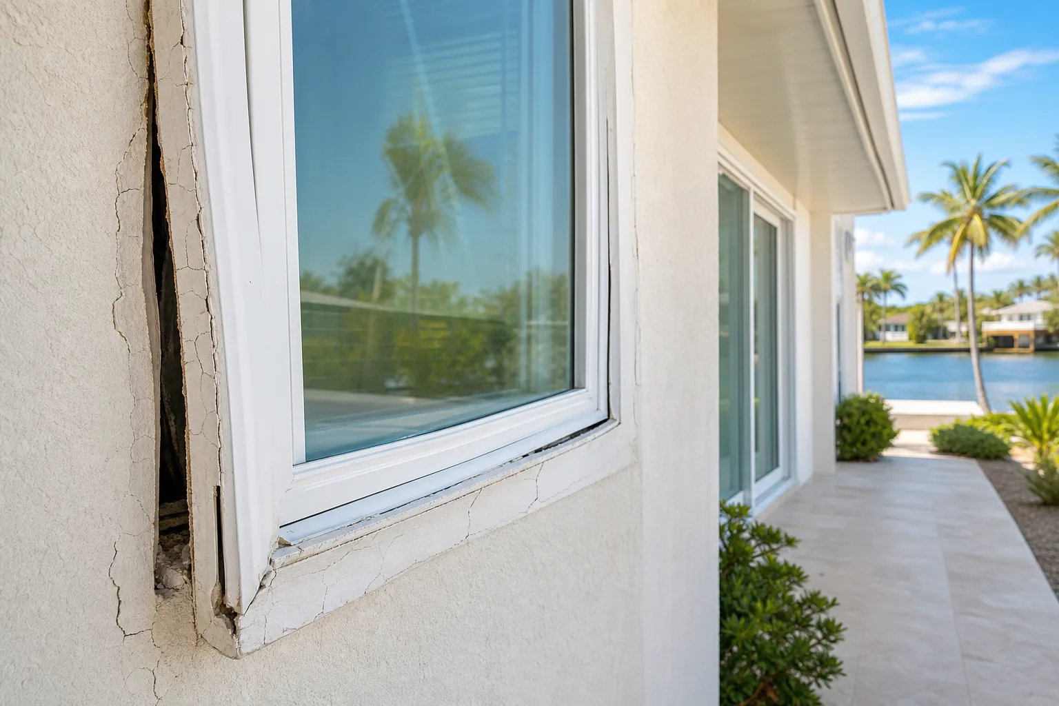 Close-up of white window frame with cracked, peeling caulk on stucco exterior of Florida waterfront home.