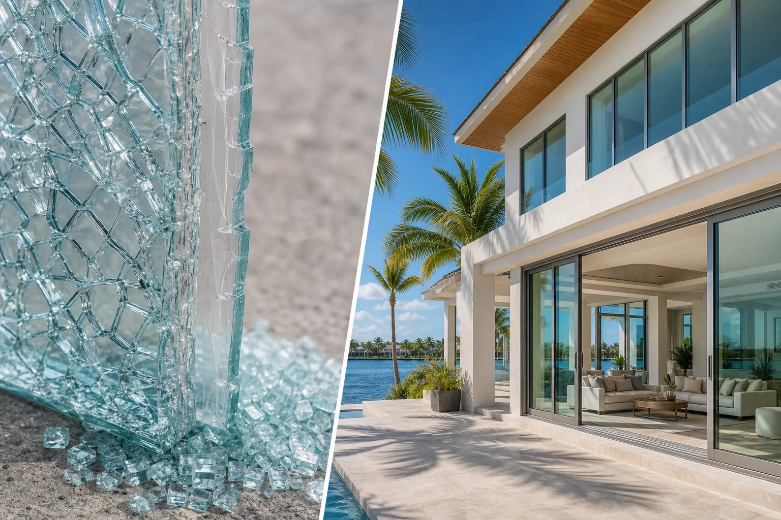 Left: close-up cross-section of shattered laminated glass held together by interlayer. Right: modern waterfront home with large glass doors.