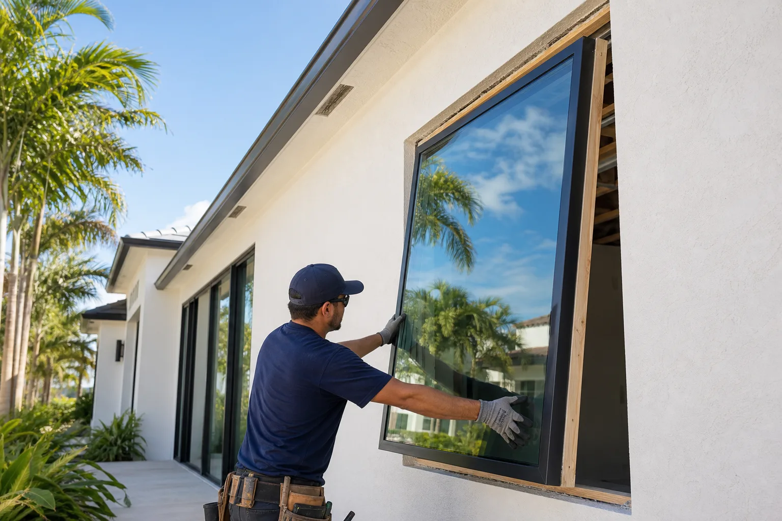 Technician in gloves installing a large dark-framed impact window into a white stucco Florida home exterior, palm trees visible.