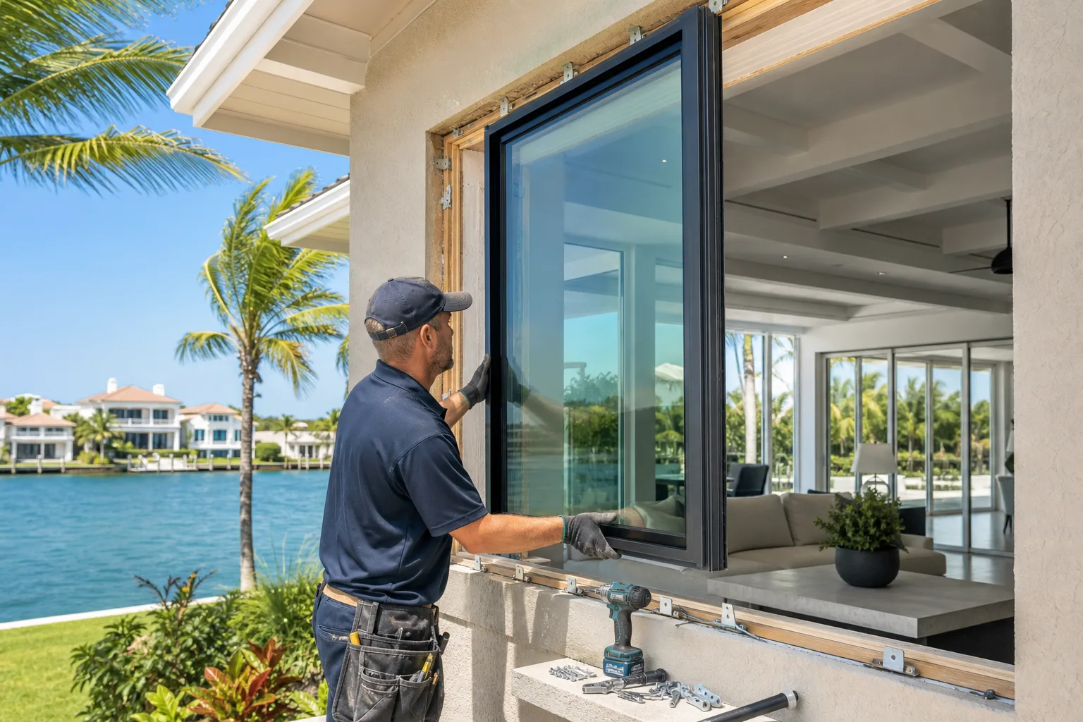 Contractor in navy uniform installs dark aluminum-framed impact window on waterfront home exterior, drill and hardware on sill.