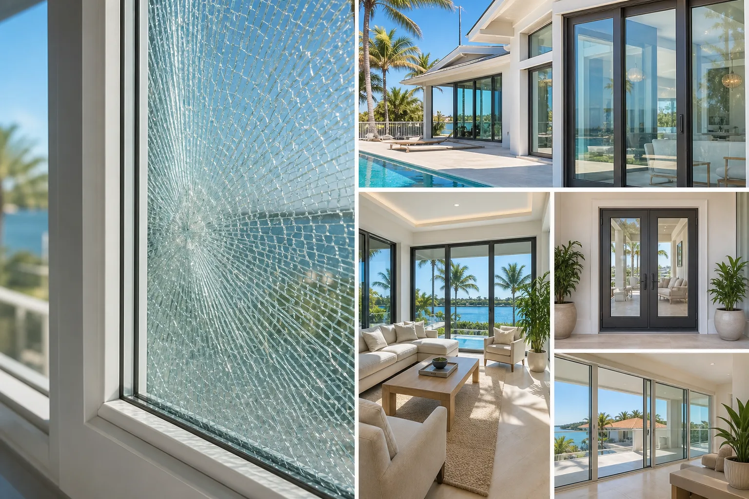 Collage: close-up of cracked laminated impact window glass (left), plus luxury Florida home windows and doors (right panels)