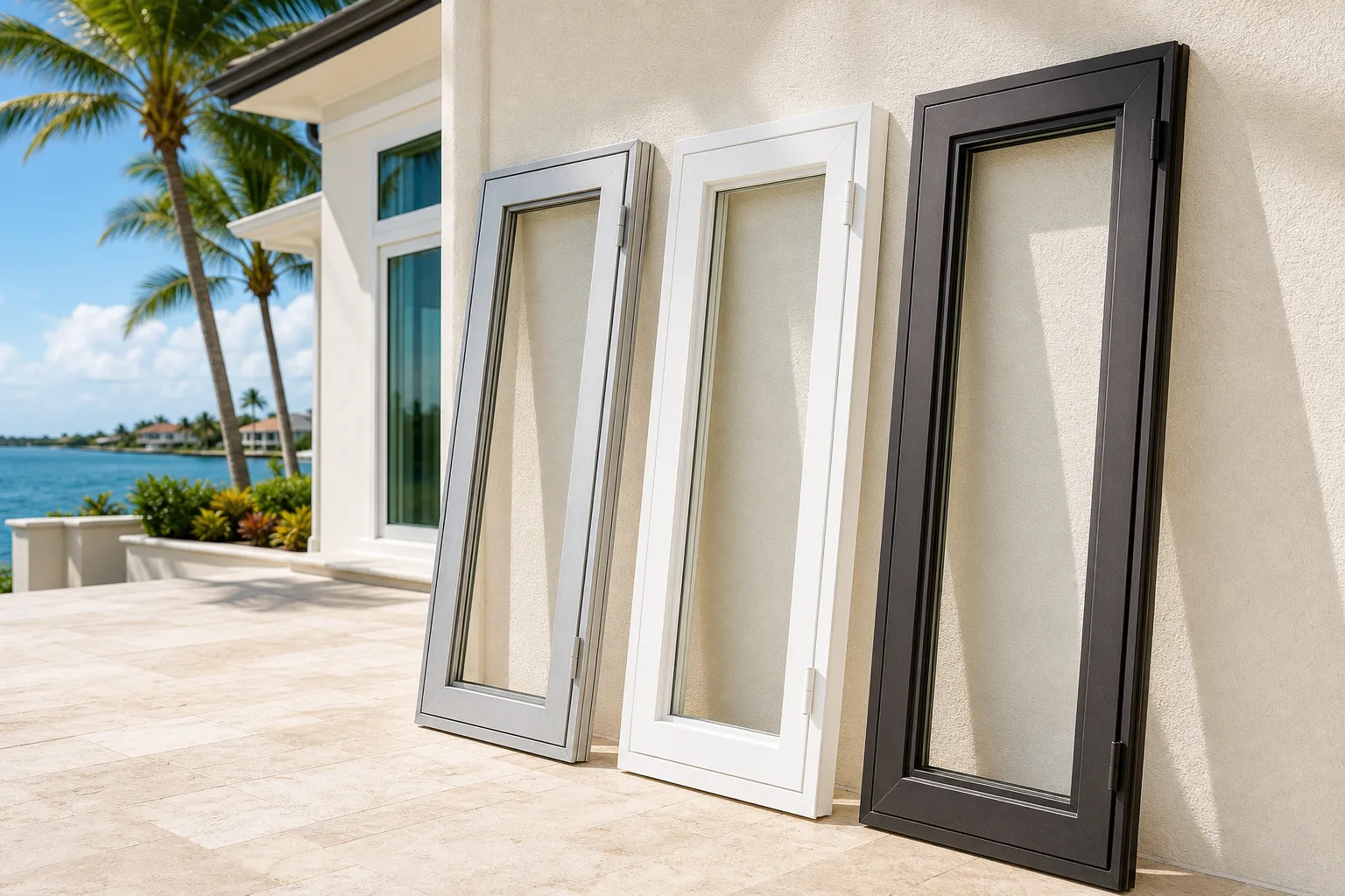 Three tall door frames in silver, white, and dark/black finishes leaning against a stucco wall of a Florida waterfront home.