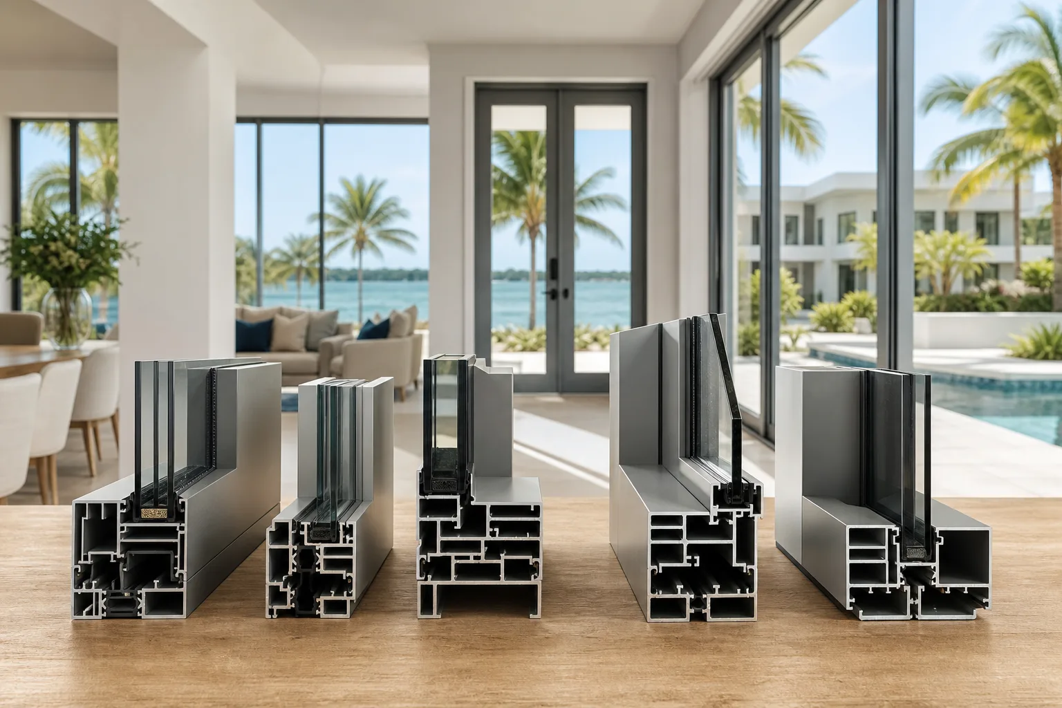 Four aluminum window frame cross-section profiles displayed on a wooden surface in a modern coastal home interior.