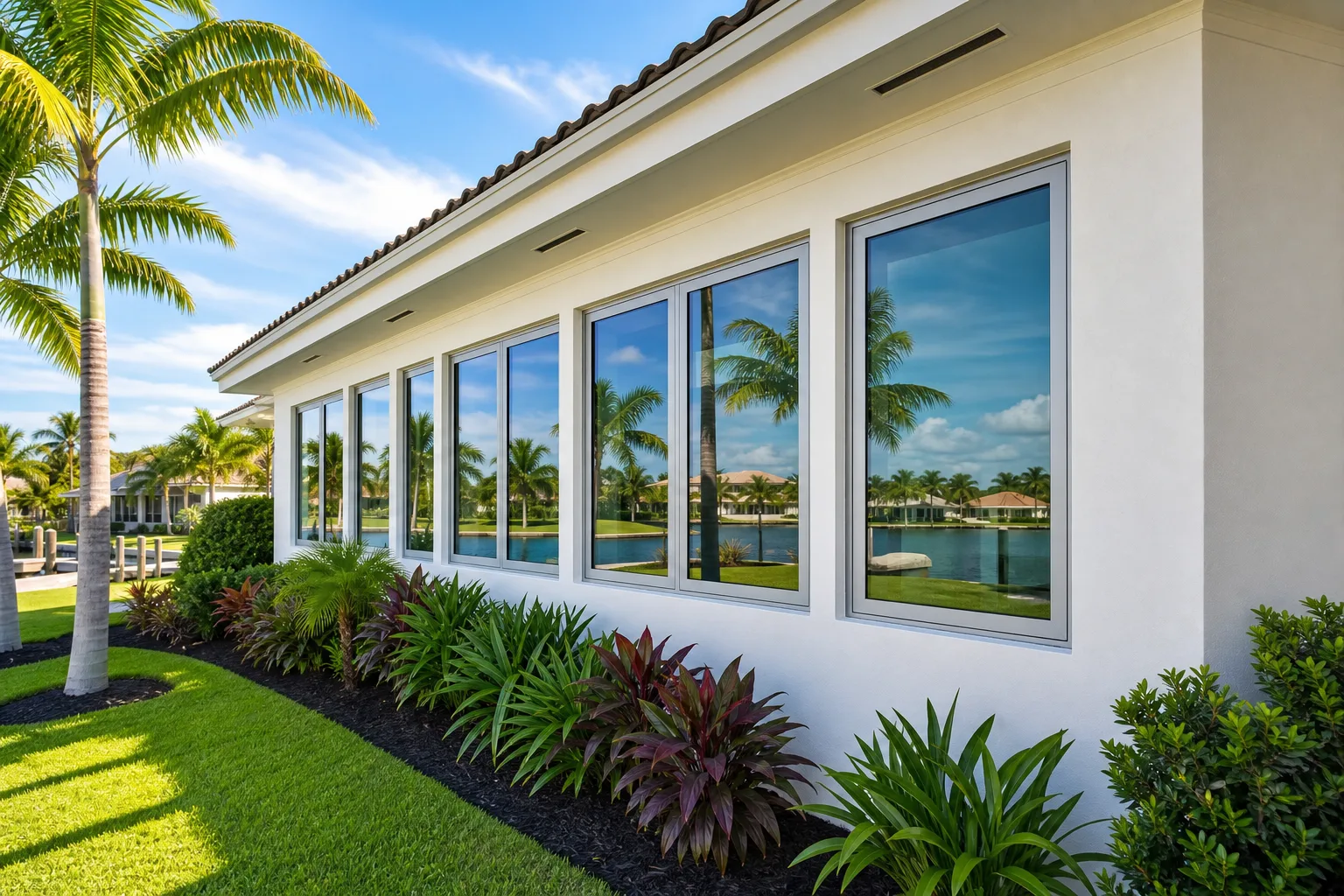 Modern aluminum-framed impact windows on white stucco single-story Florida home with tropical landscaping and waterway view.