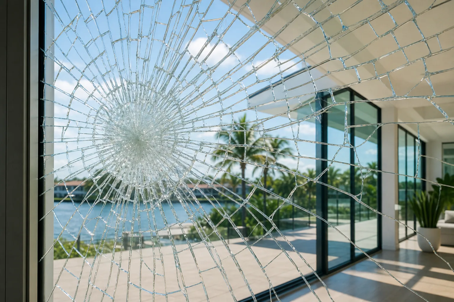 Close-up of a shattered laminated glass pane with radial crack pattern from central impact point, waterfront home visible behind.