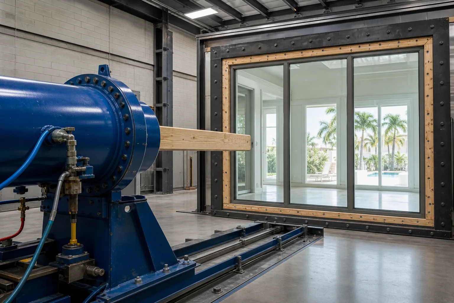 Blue pneumatic cannon aimed at a 2x4 lumber piece targeting a framed sliding glass door assembly in a testing lab.