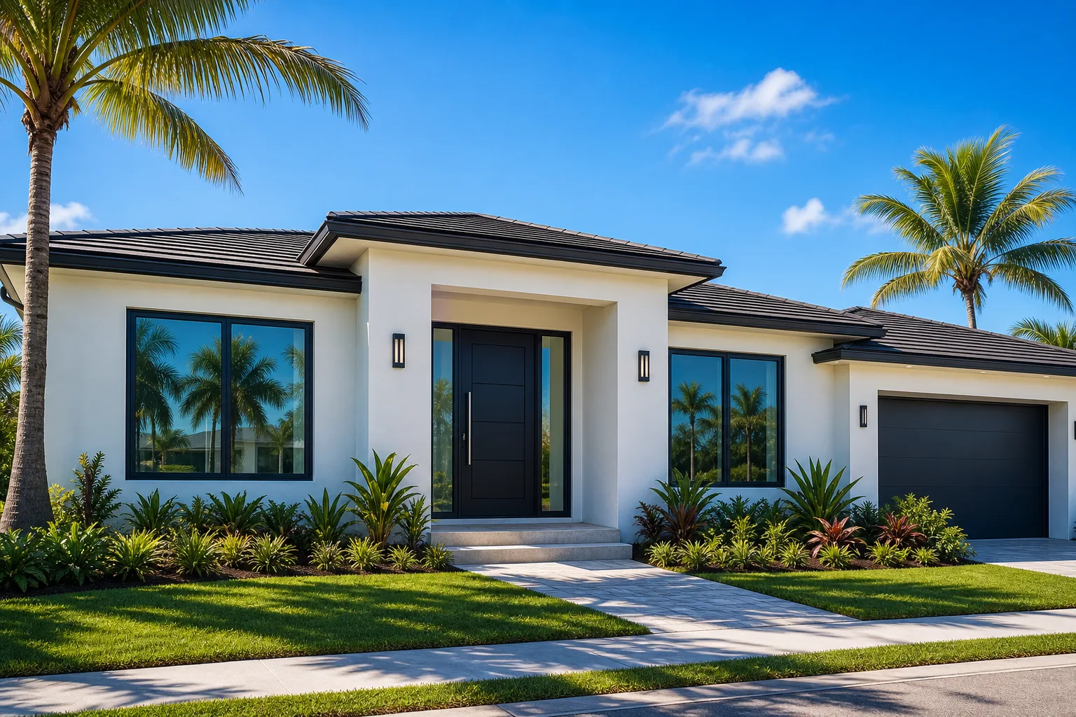 Modern white single-story South Florida home with dark impact windows, reinforced front door, palm trees, and tropical landscaping.