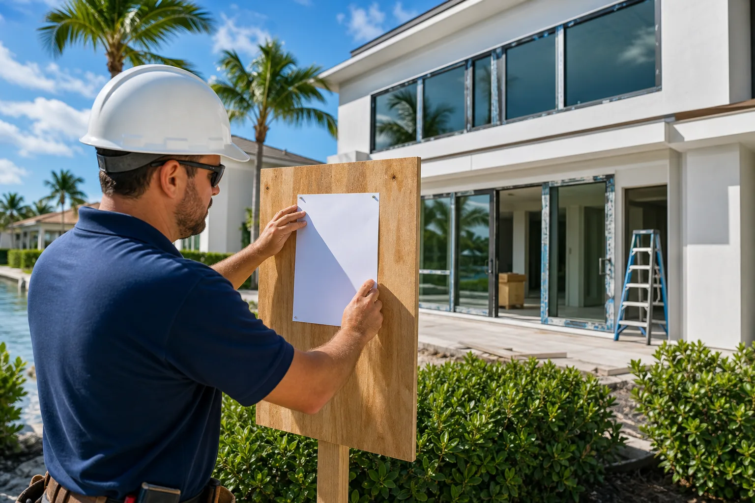 Contractor in white hard hat posts blank document on wooden board outside modern home with impact windows being installed
