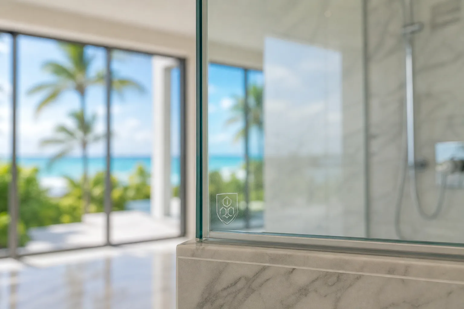 Close-up of tempered glass shower enclosure with etched shield logo, marble base, and tropical ocean view in background.