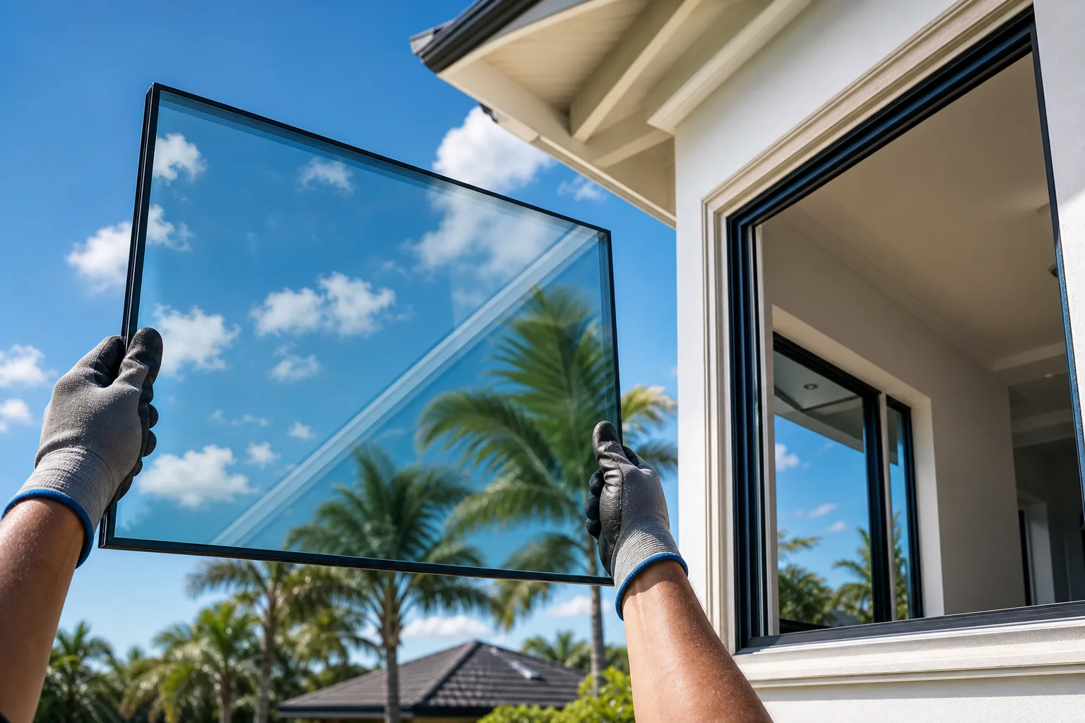 Gloved hands holding impact-rated glass pane toward blue Florida sky, beside white house with dark-framed window and palm trees