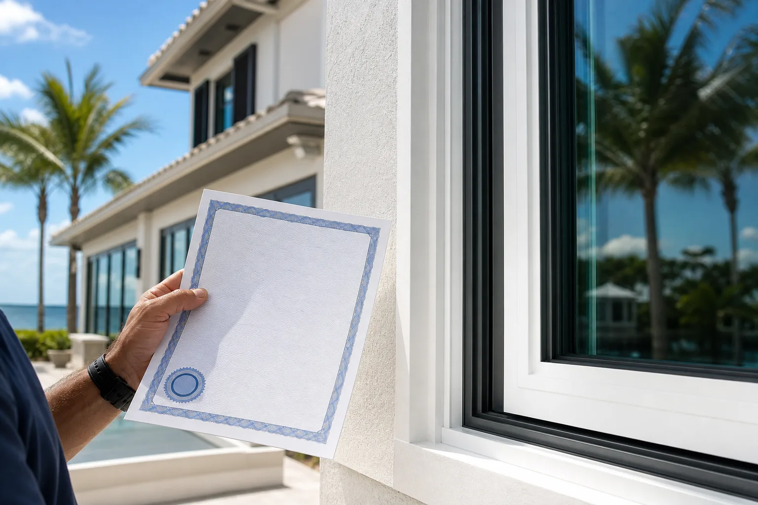 Hand holding a blank certificate with blue border and seal next to a white-framed impact window on a Florida coastal home