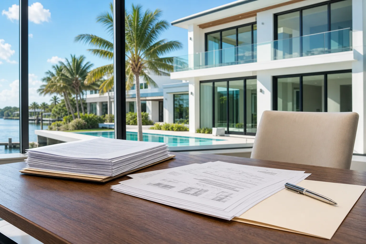Wooden desk with stacked documents and pen, overlooking a luxury Florida waterfront home with pool and palm trees.