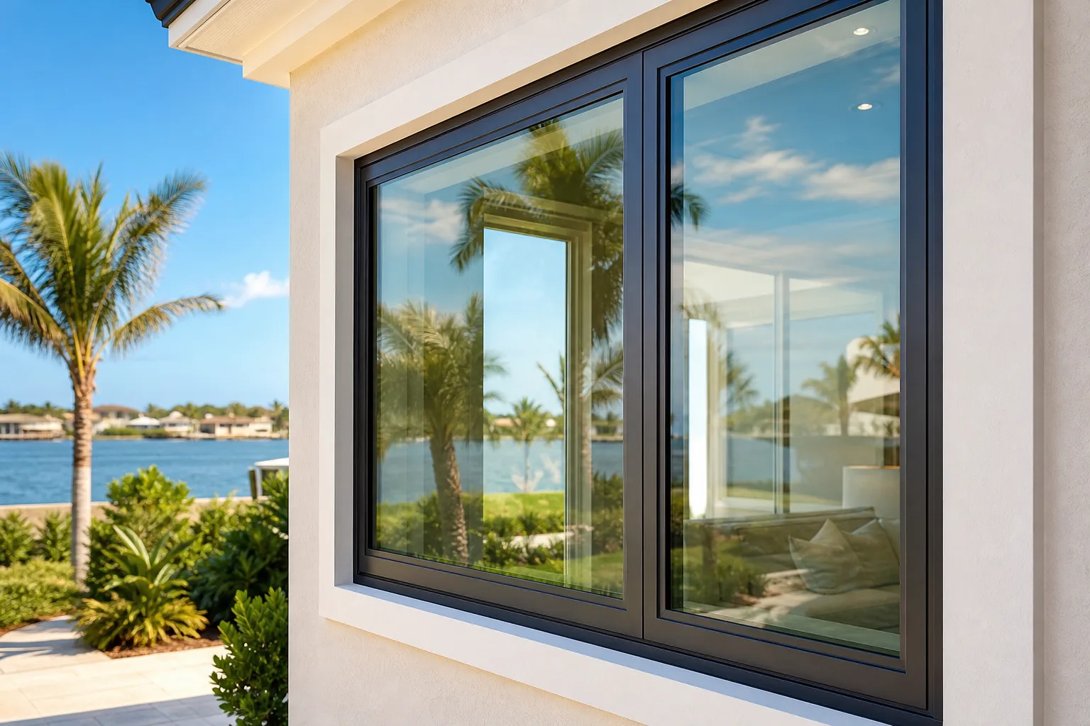 Close-up of dark-framed aluminum impact windows on white stucco Florida home exterior, with palm trees and waterway behind.