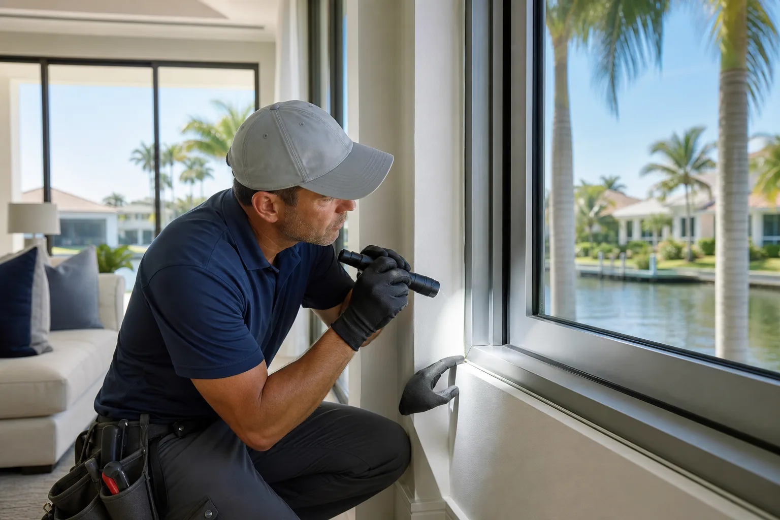 Technician in navy polo and gray cap uses flashlight to inspect aluminum window frame corner inside a waterfront home.