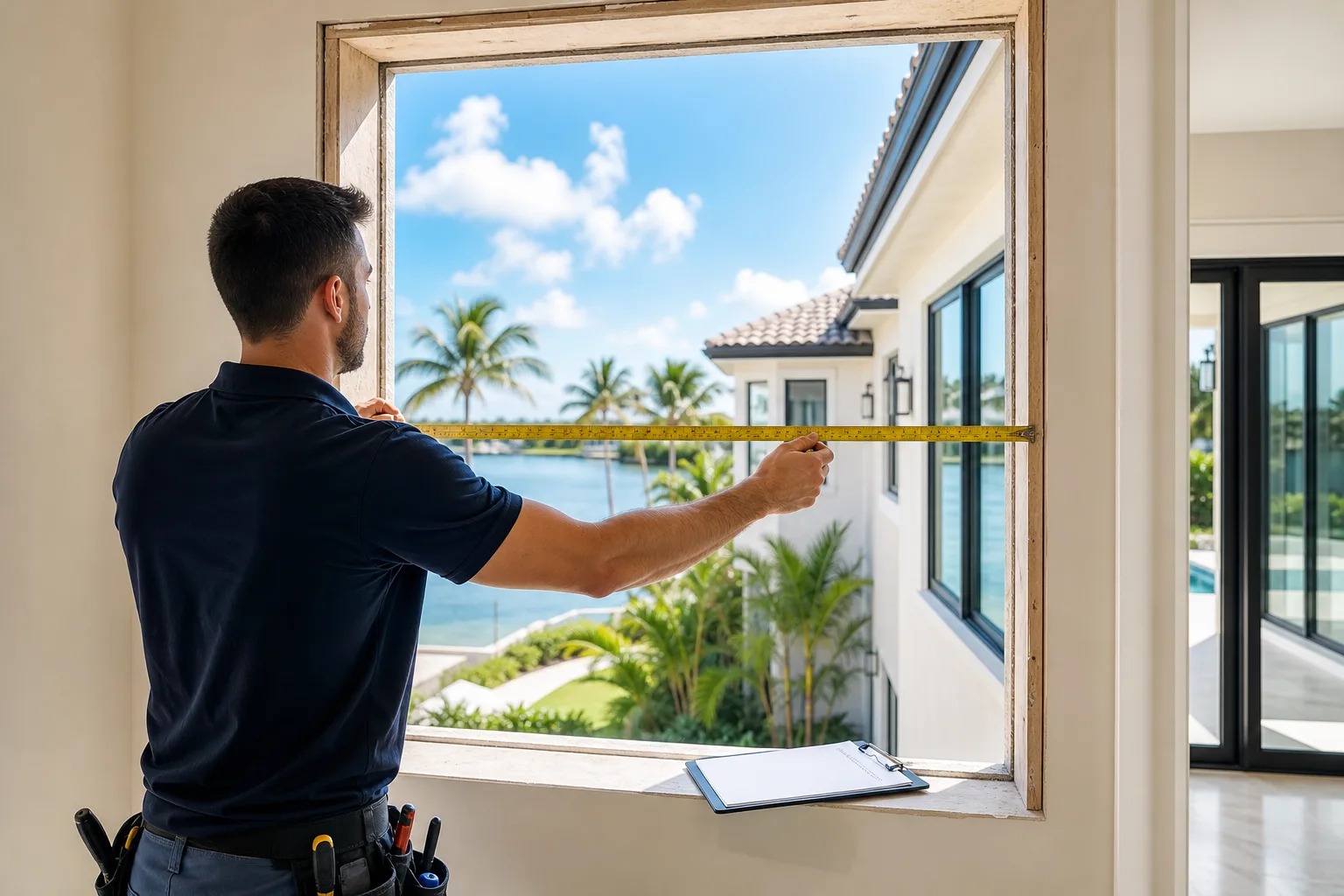 Technician in navy polo measures window width with tape measure inside Florida home; clipboard on sill, waterfront view outside.