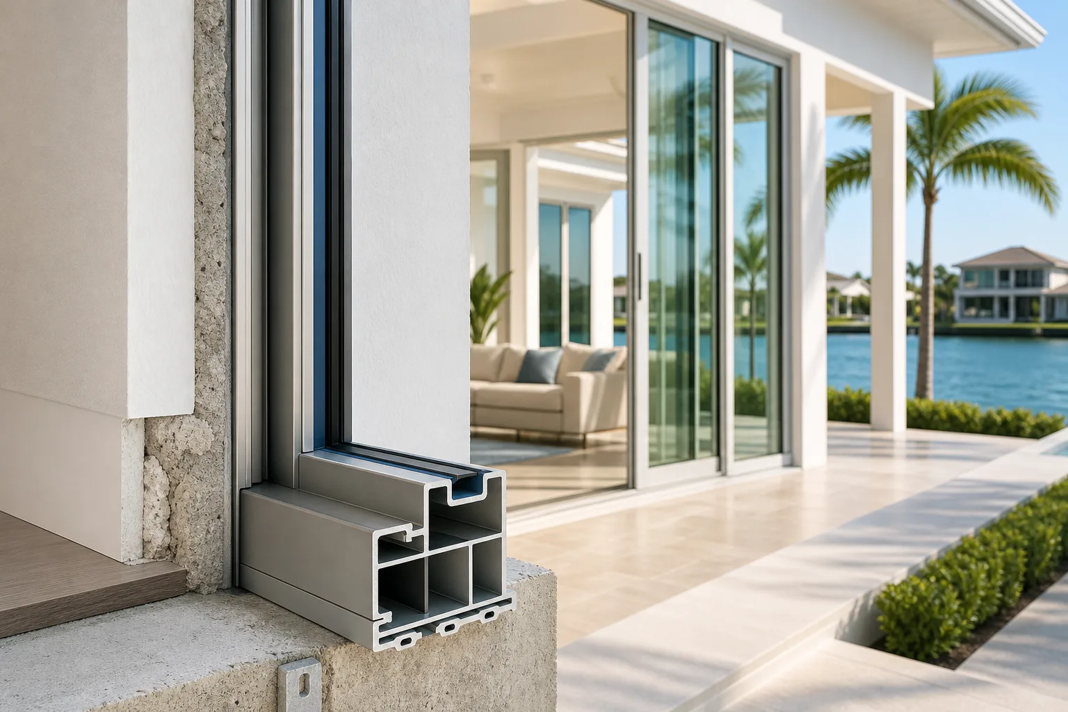 Close-up cross-section of aluminum impact door frame sill showing hollow chamber cavities, set in a luxury waterfront home.