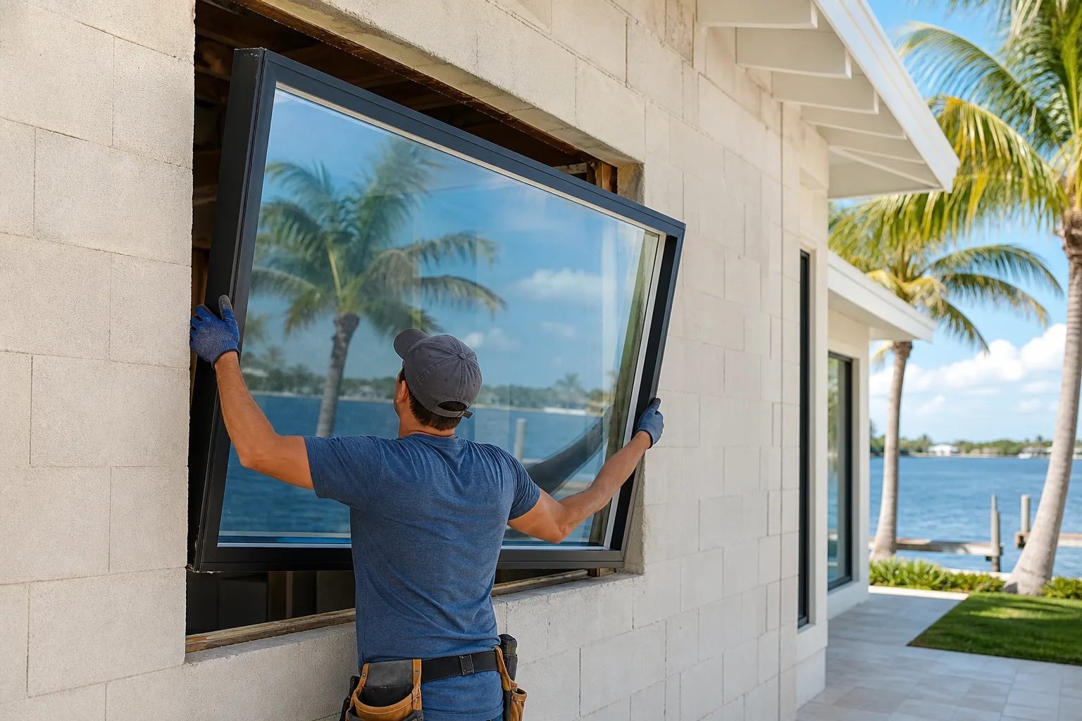 Worker in blue shirt and gloves installs large dark-framed impact window into concrete-block home exterior near waterfront with palms.