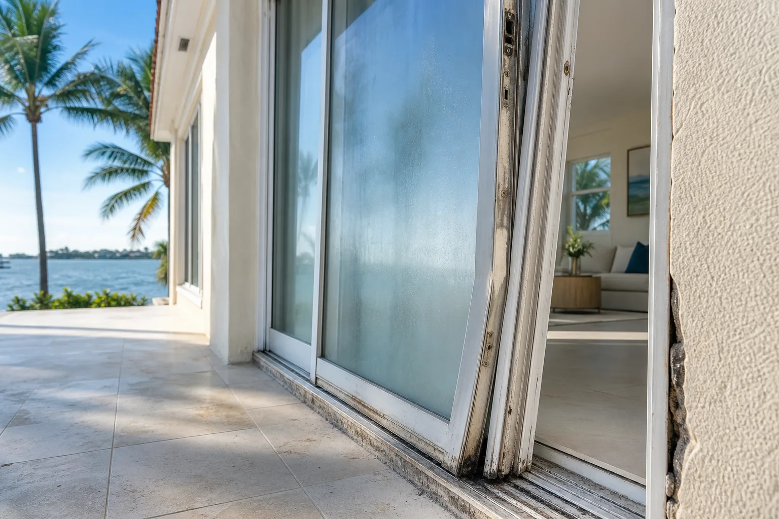 Close-up of corroded sliding glass door track and weathered aluminum frame pulling from stucco wall, waterfront home beyond
