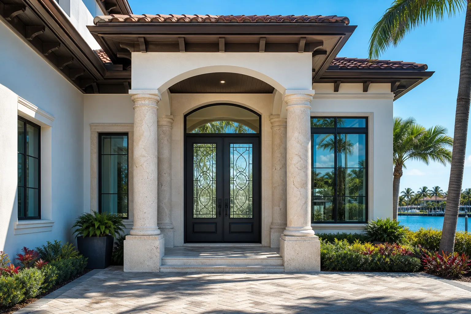 Grand Mediterranean home entry with arched portico, travertine columns, black double doors with decorative glass, waterfront backdrop