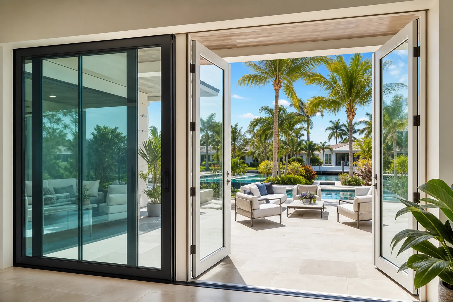 Interior view through open bifold impact doors leading to a luxury pool patio with palm trees and outdoor seating, beside sliding glass panels.