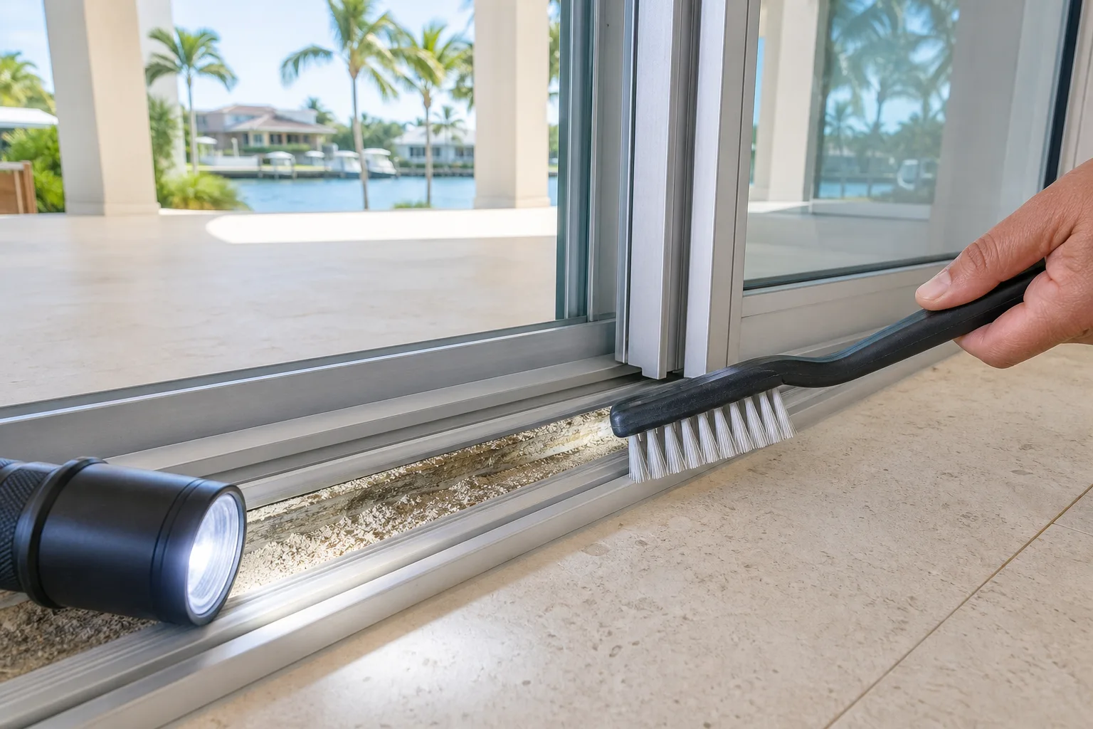 Hand using a narrow grout brush to clean dirty sliding glass door track, with flashlight illuminating packed sand and debris.