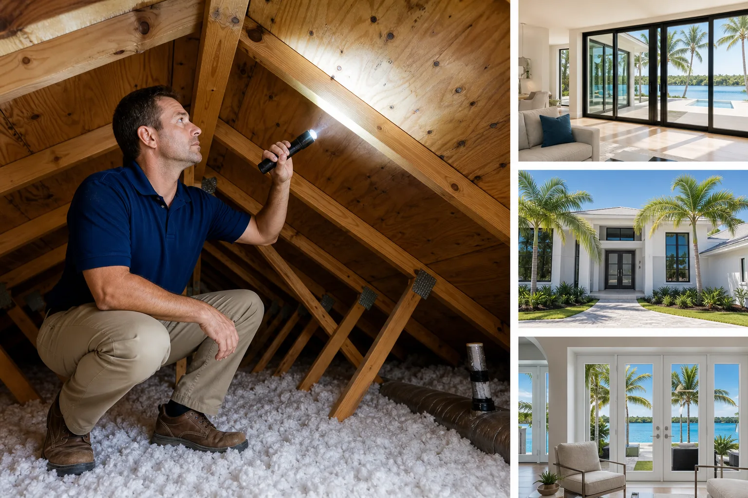 Inspector crouches in attic with flashlight examining roof deck; collage includes luxury home exterior and waterfront interiors.