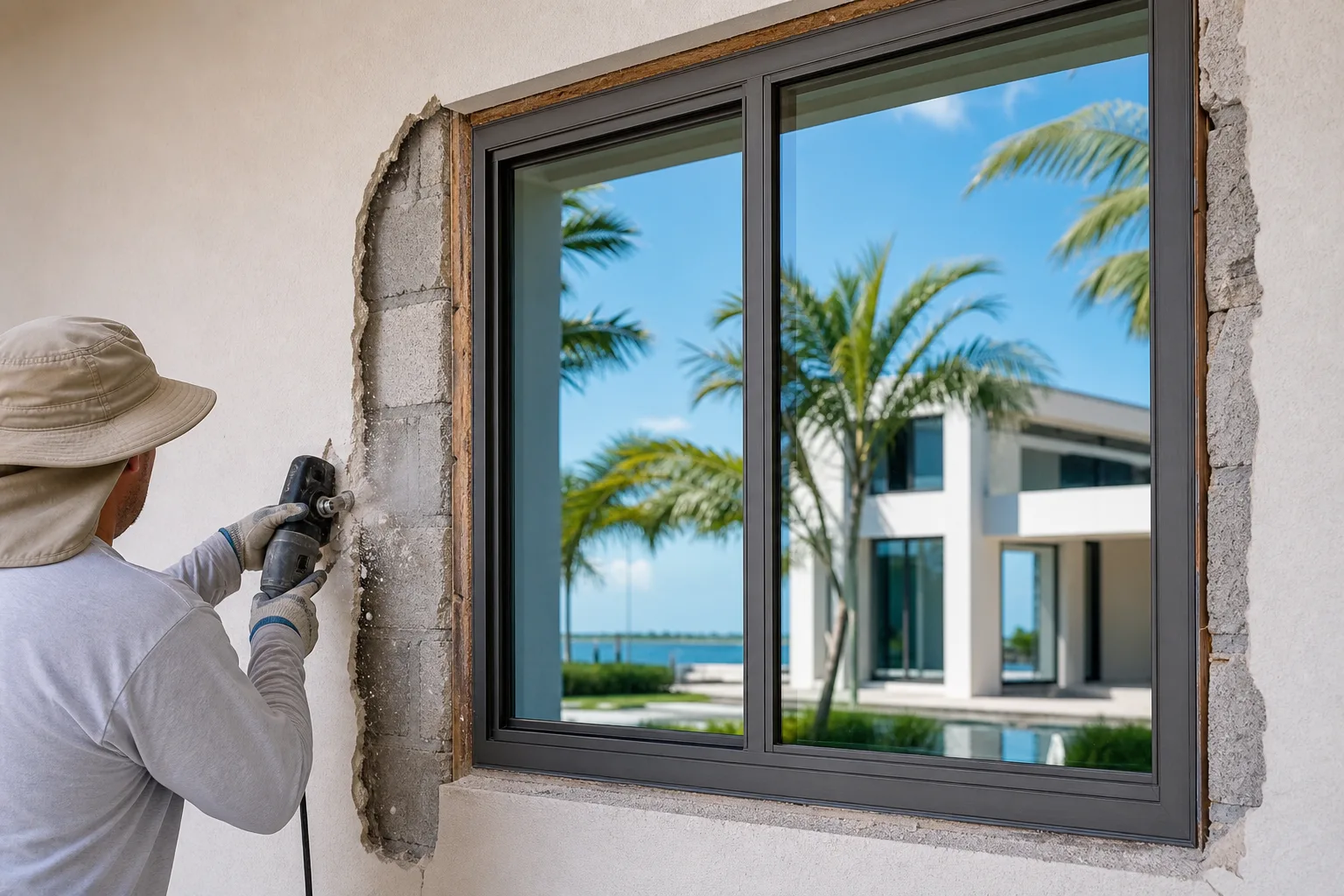 Contractor using rotary tool to cut stucco around a new dark-framed window in a concrete block wall, tropical view beyond.