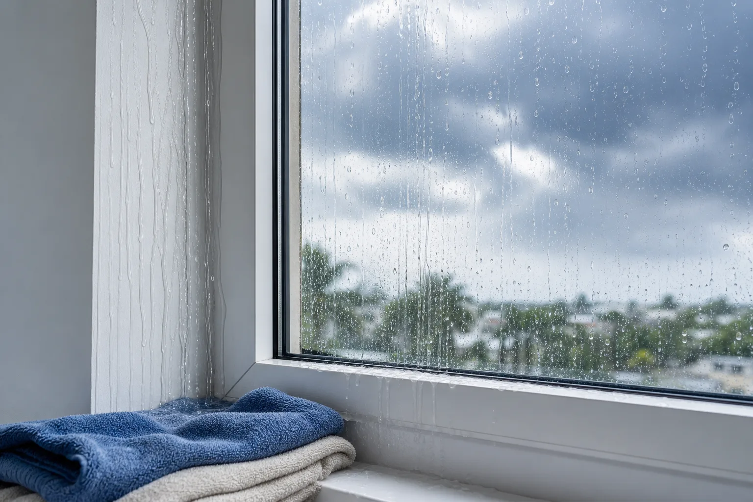 Rain water streaming down interior window frame corner during storm, blue and cream towels placed on sill to absorb leaking water